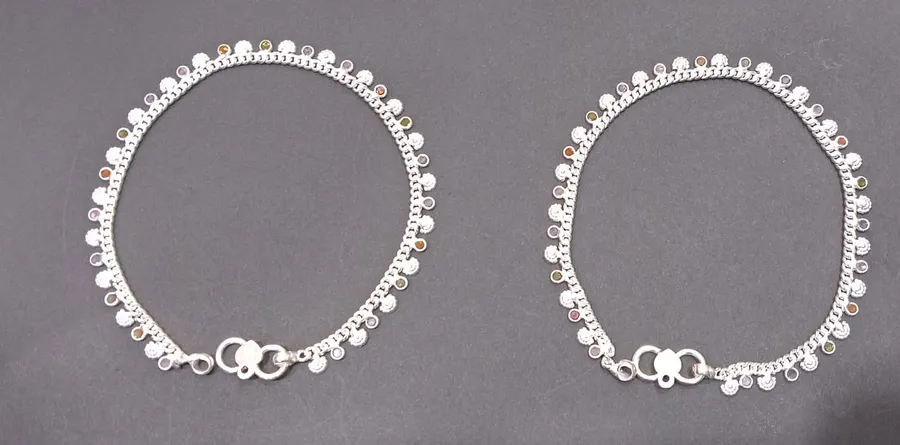 Traditional & Designer Multicolour stone Silver Anklets